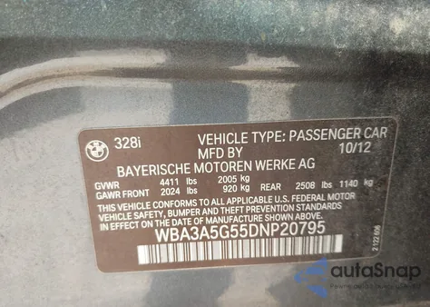 2013 BMW 328I from USA, damaged, VIN WBA3A5G55DNP20795